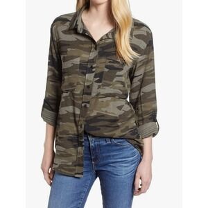 Sanctuary Camouflage Boyfriend‎ Long Roll Tab Sleeve Snap Front Shirt Women Sz L